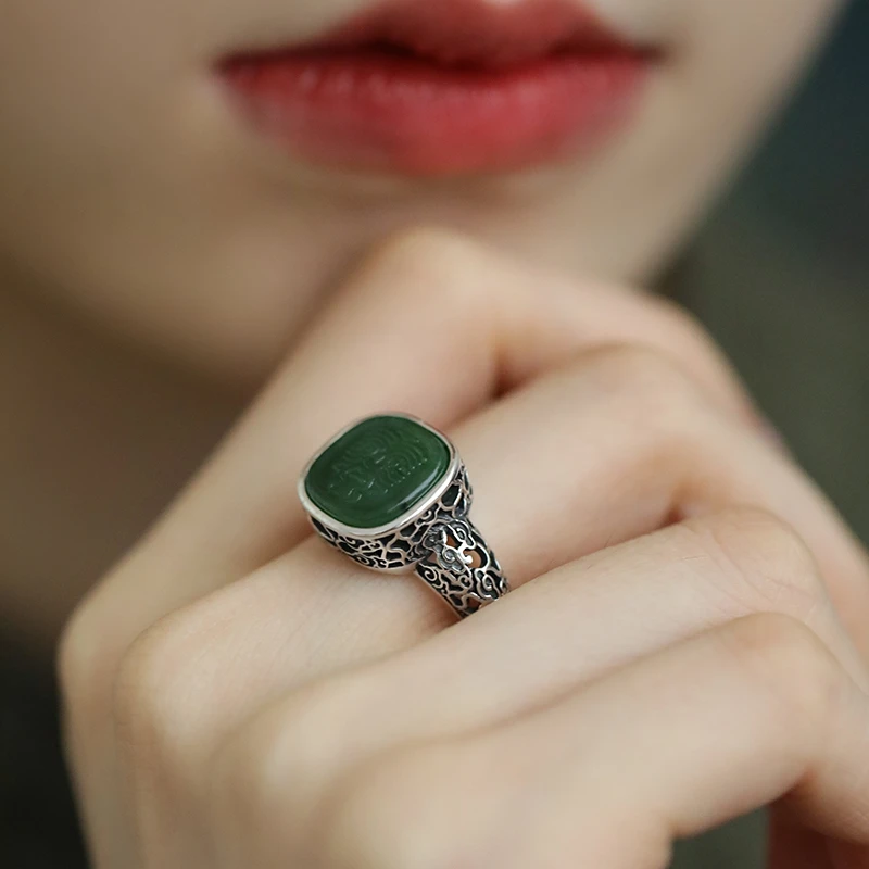 <一禅兄>S925银复古祥云镂空和田碧玉扎基拉姆戒指活口深浅不一