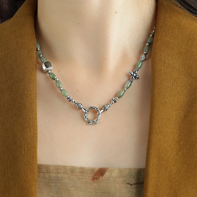N17313<晶贵坊>S925银十字杵杵扎基拉姆桶珠翡翠米珠项链深浅不一
