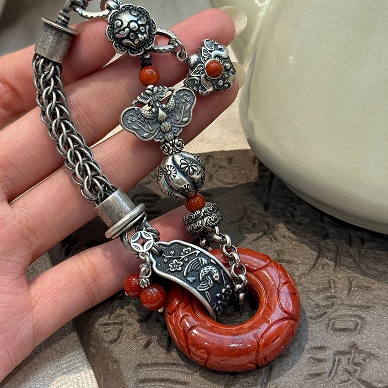 S09330<非晚1>S925银红翡翠花纹环红玛瑙圆珠葫芦蝴蝶南红手链