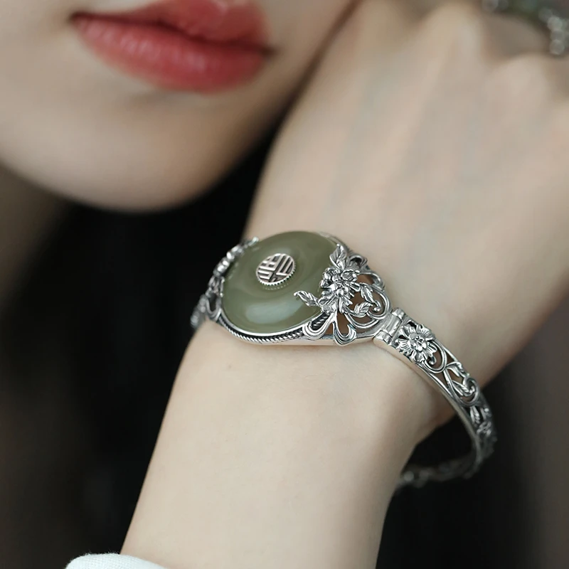 S09488<非晚1>S925银和田青玉平安扣福字牡丹花手链半镯新中式