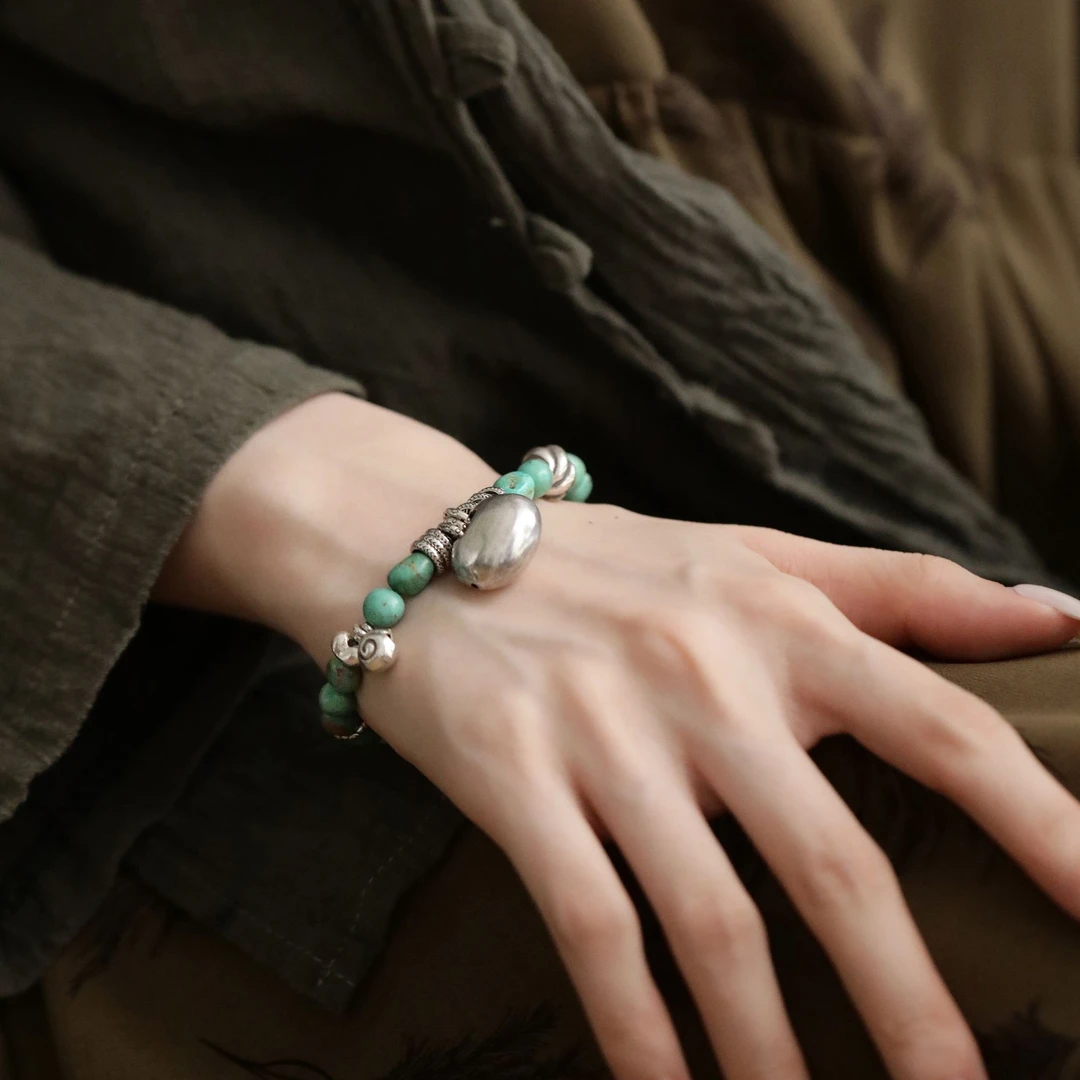 S08317 <非晚1>足银福包锁头s925银绿松石串珠手链