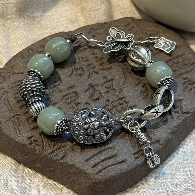 <一禅兄>S925银和田玉老型珠鱼纹瓜珠鱼篓蝴蝶扣手链复古民族风