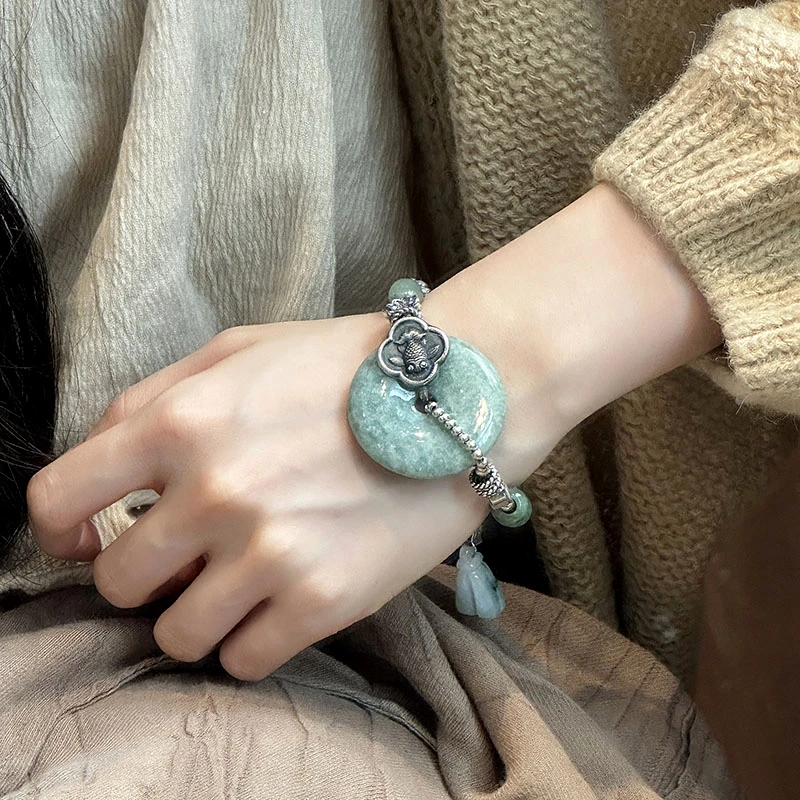 <一禅兄>S925银锦鲤并蒂莲鱼纹瓜珠大翡翠平安扣翡翠莲蓬手链大气