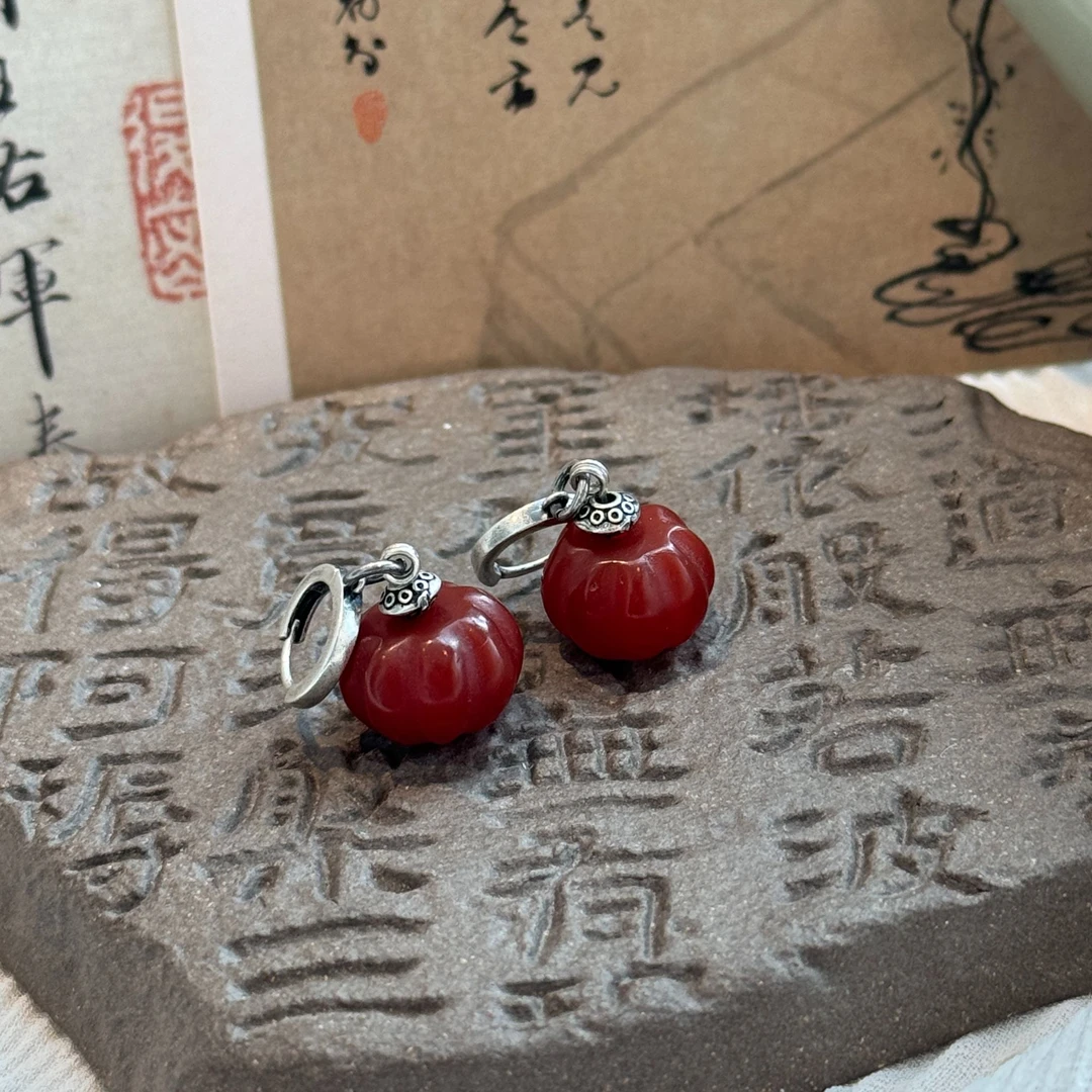 <晶贵坊>S925银红玛瑙瓜珠耳环复古新中式耳环红色耳扣新中式百搭