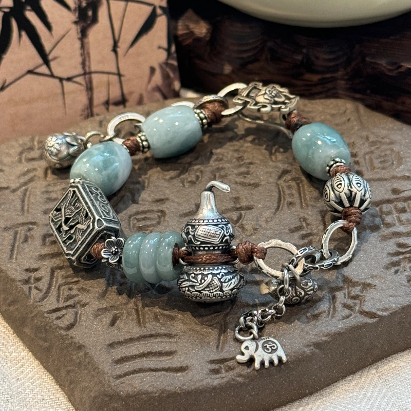 <一禅兄>S925银仙鹤镂空方块八仙葫芦鱼纹瓜珠翡翠桶珠手链复古