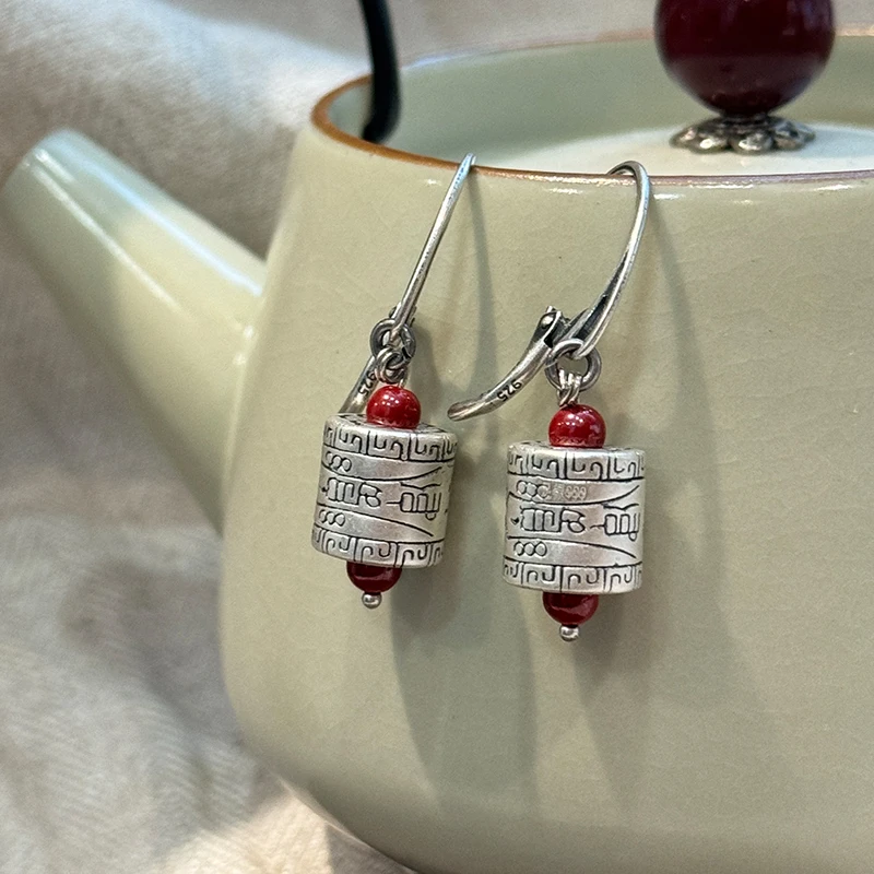 含辰砂工艺品E25389 <非晚>S925银小众设计护身桶珠朱砂圆珠耳吊