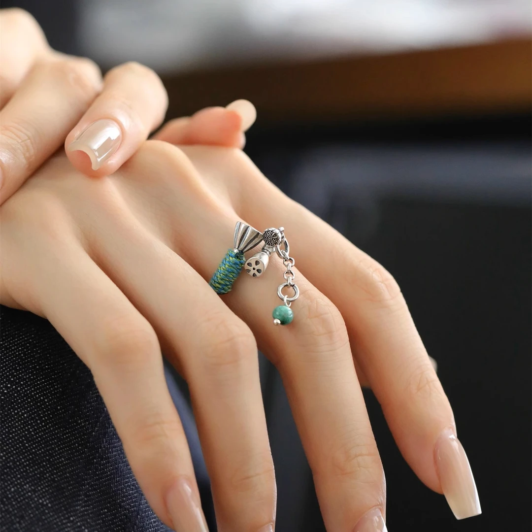 J11526<非晚1>足银莲蓬莲藕松石流苏卡扣戒指女新中式国风指环