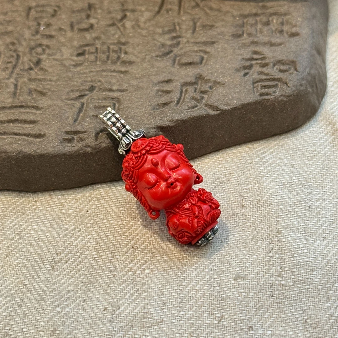 含辰砂工艺品<晶贵坊>S925银朱砂度姆吊坠复古莲花银托任意扣项坠