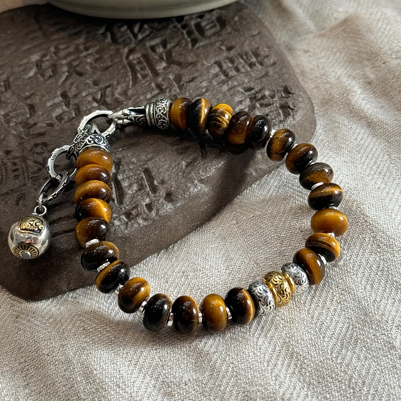 <一禅兄>S925银复古高级虎眼石算盘珠金银色隔珠扎基圆珠尾坠手链