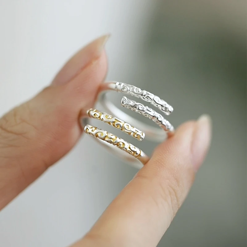 足银戒指 <一禅兄>足银999镀K金交叉祥云浮雕叠口戒指复古百搭