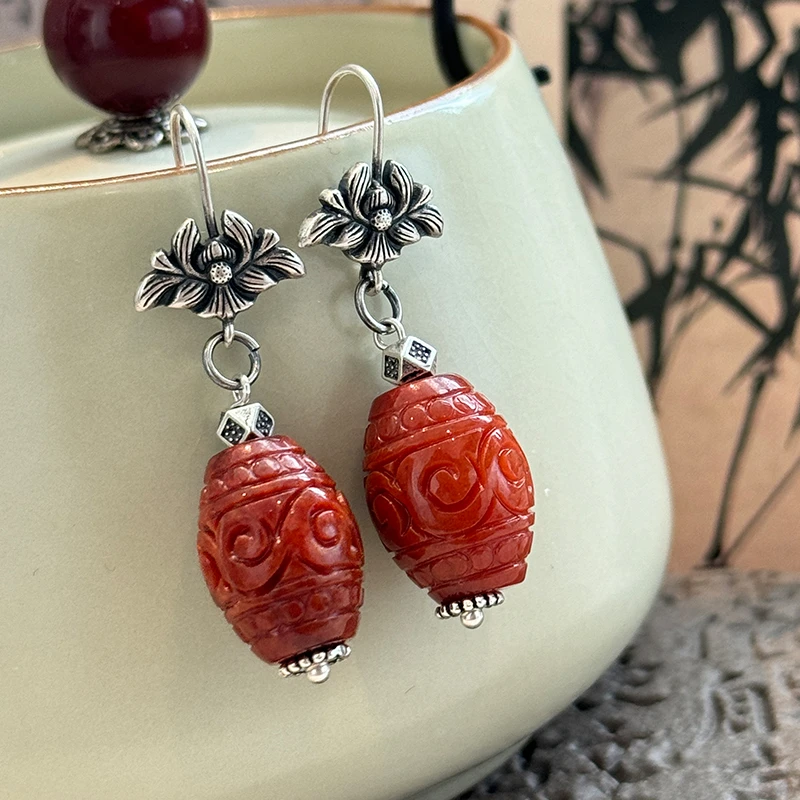 <一禅兄>S925银红翡翠橄榄型如意纹桶珠耳钩民族风