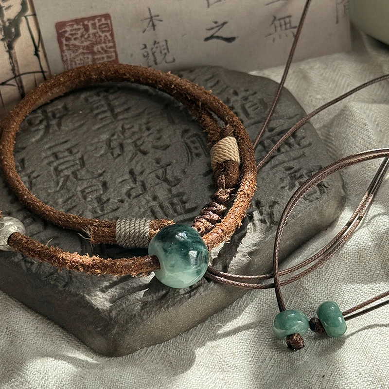 <一禅兄>S925银翡翠油豆算盘珠肌理银珠皮绳抽拉项链复古民族风