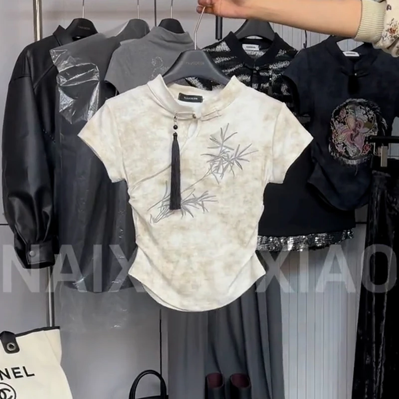 短袖T恤女2025新款晕染新中式刺绣夏季时尚国风盘扣正肩显瘦上衣