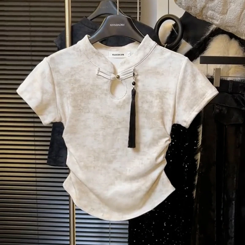 设计感复古正肩短袖T恤女装2025夏季新中式盘扣修身显瘦国风上衣