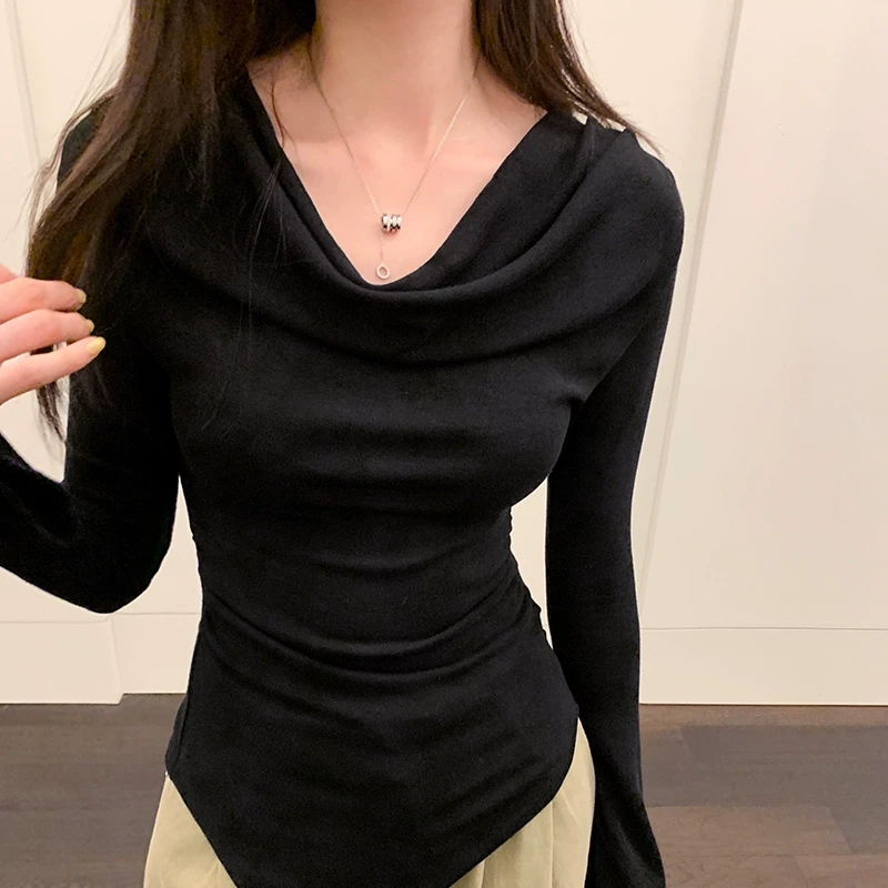 设计感褶皱打底衫女2025春秋冬荡领黑色不规则上衣小个子长袖T恤