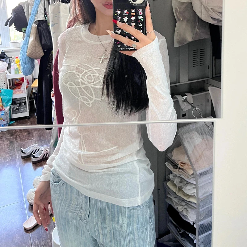 设计感小众印花别致性感绝美上衣早秋白色圆领修身显瘦长袖体恤女