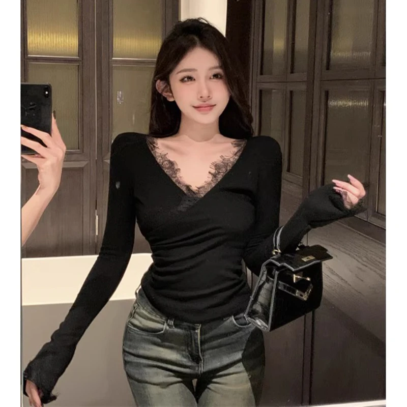 蕾丝花边打底衫内搭女2025春秋季显瘦性感气质长袖T恤设计感上衣