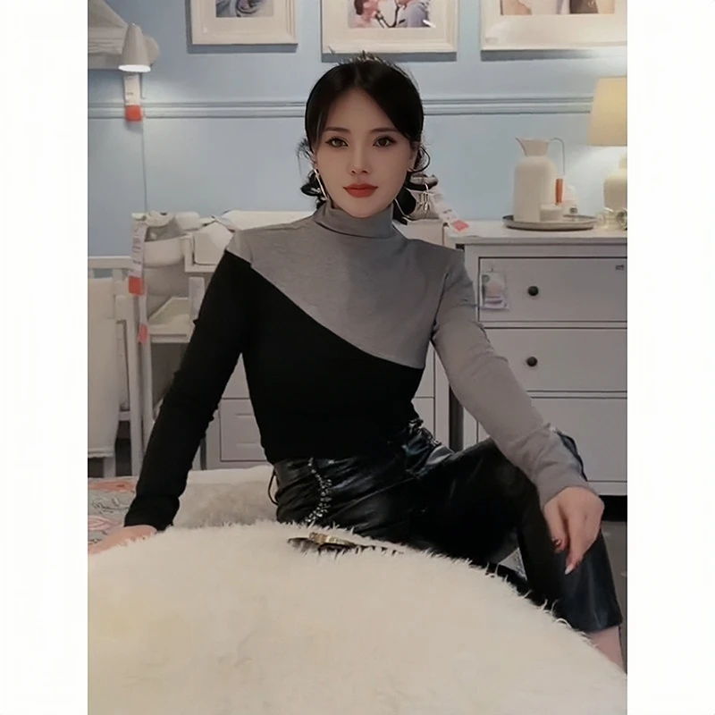 半高领拼色打底衫内搭女2025春秋季最新爆款显瘦紧身长袖上衣T恤