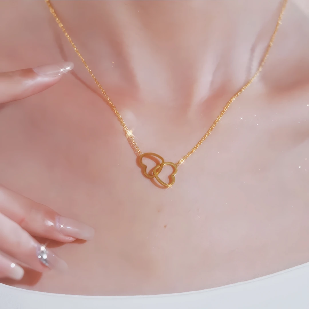 LINGSIV 钛钢项链 时尚百搭环环相扣双心项链气质心心相印锁骨链