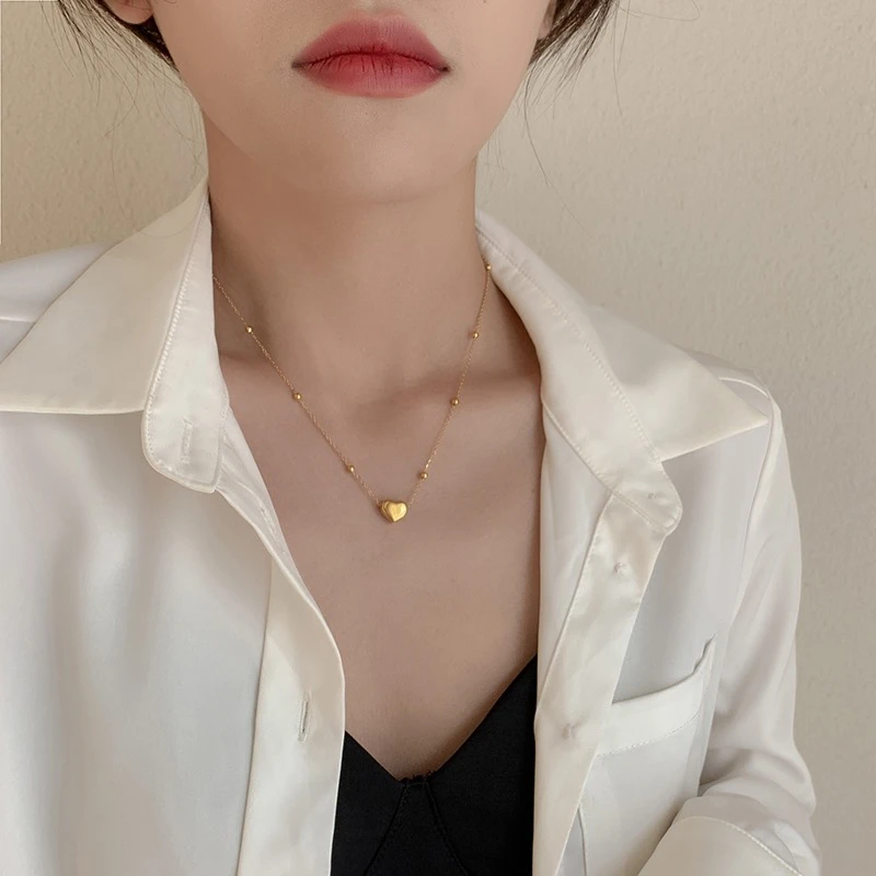 LINGSIV 钛钢项链 新款爱心珠项链女简约冷淡风气质ins心形锁骨链