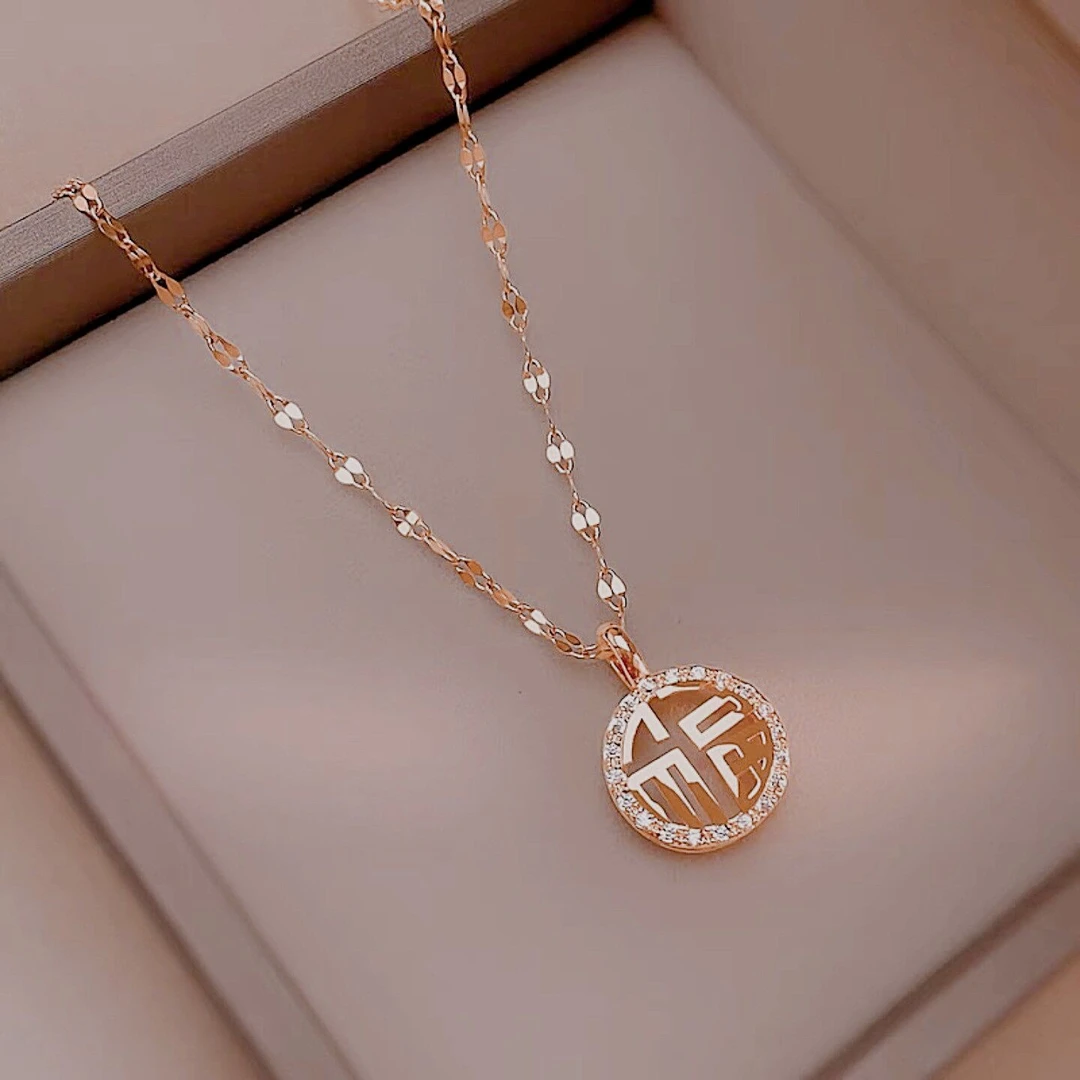 钛钢项链 时尚个性福字牌项链女气质简约镂空百搭项链轻奢设计感