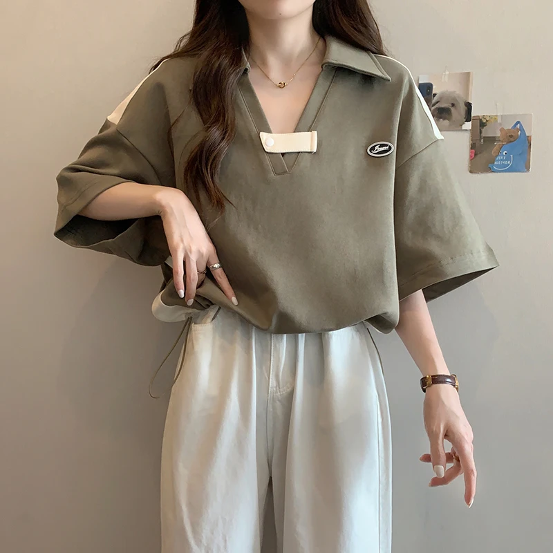 别致撞色polo领短袖t恤女夏季韩版大码显瘦上衣设计感抽绳体恤ins