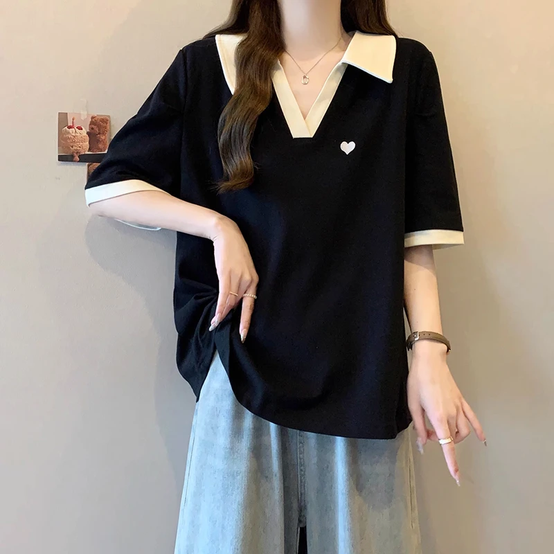 遮肚子刺绣polo领打底衫女夏季微胖大码显瘦上衣百搭撞色短袖t恤