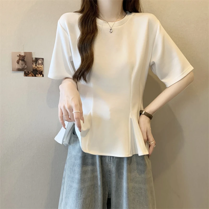 设计感收腰荷叶边短袖t恤女夏季大码显瘦上衣别致正肩圆领打底衫