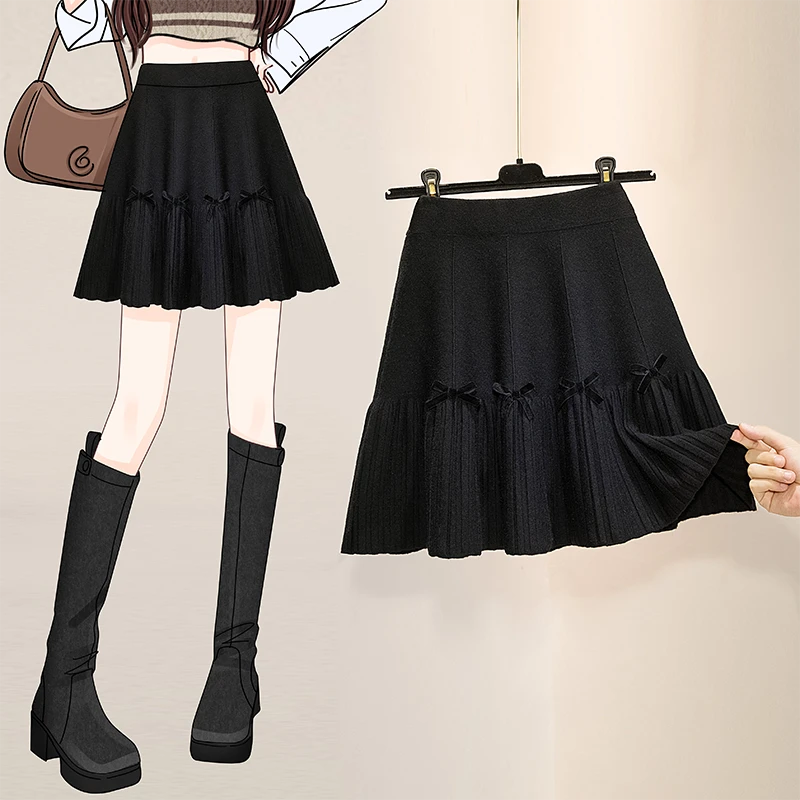 遮胯显瘦高腰A字百褶短裙女春秋季微胖大码松紧腰休闲针织半身裙