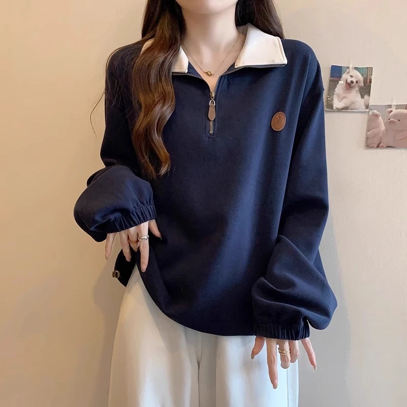 遮肚子翻领长袖卫衣女春秋微胖大码显瘦上衣设计感简约半拉链外套