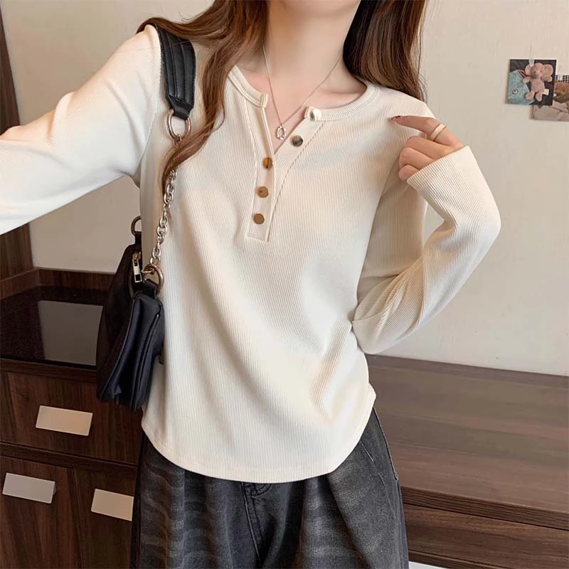遮肚子正肩半开领长袖t恤女春秋微胖大码显瘦上衣百搭简约打底衫