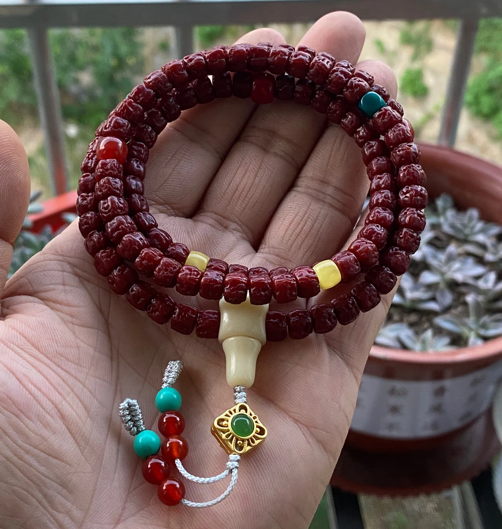 6.5mm藏式佛手小金刚菩提长串带配饰玉化牛津红文玩男女款老串