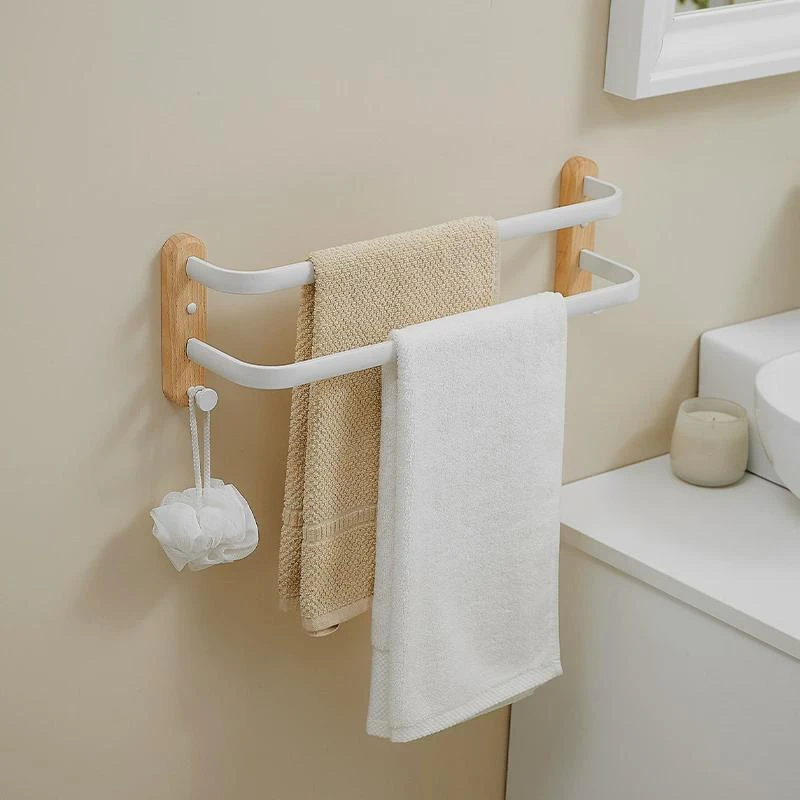 原木奶油风毛巾架卫生间免打孔置物架一体浴室毛巾杆挂钩单杆双杆
