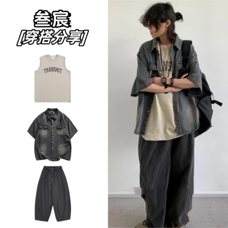 夏季日系水洗做旧口袋短袖牛仔衬衫套装男潮流复古工装衬衣外套潮