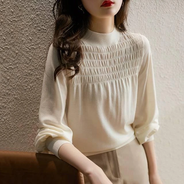 半高领绵羊毛衫女薄款长袖设计感小众套头针织衫灯笼袖打底衫上衣