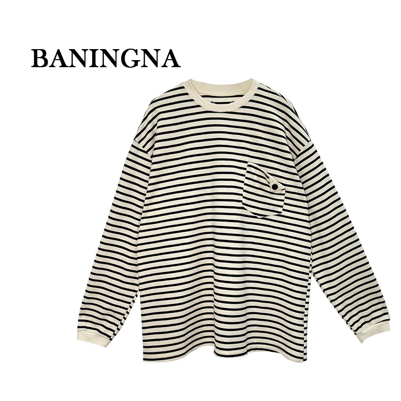 BANINGNA大寜-2025春季新款简约休闲条纹圆领长袖T恤987