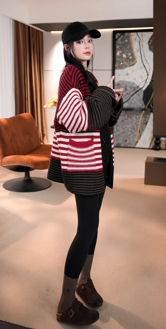 BANINGNA/大寜2024新款欧货时尚撞色条纹洋气毛衣外套7856