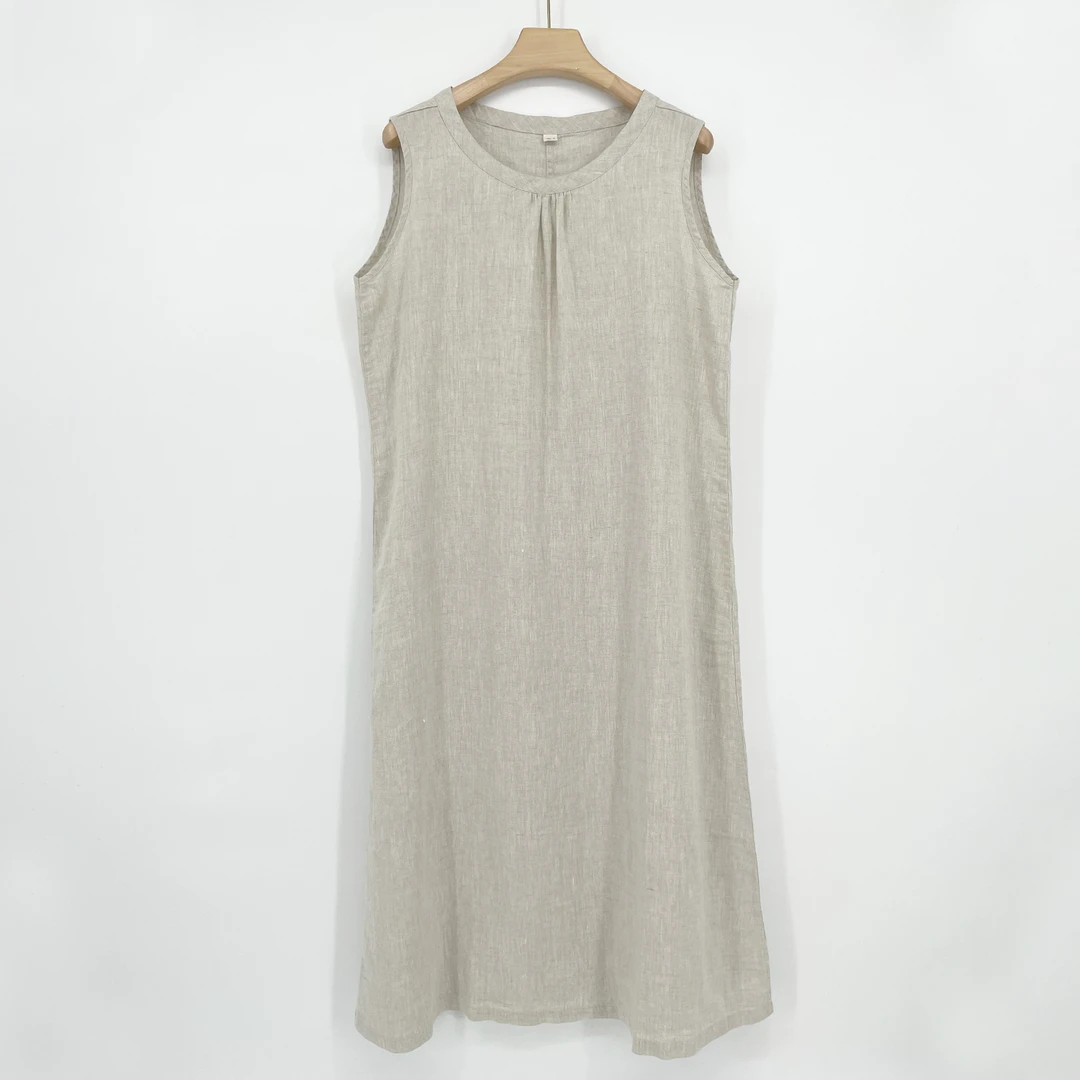 法国诺曼底纯亚麻雨露2024夏薄宽松显瘦休闲长款无袖背心连衣裙