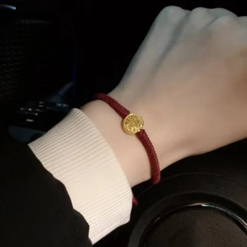 999足金五路财神黄金手链女转运珠手绳硬金手串本命年编绳520礼物