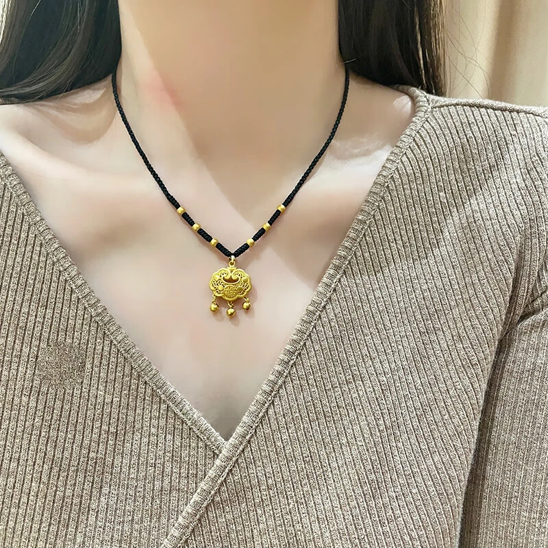 黄金平安锁项链女2023新款999足金长命锁骨链编绳吊坠