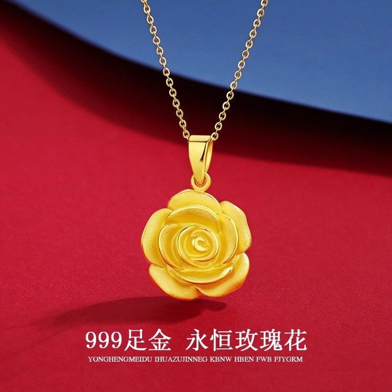 黄金女玫瑰花项链999足金锁骨链妈妈生日礼物送女友