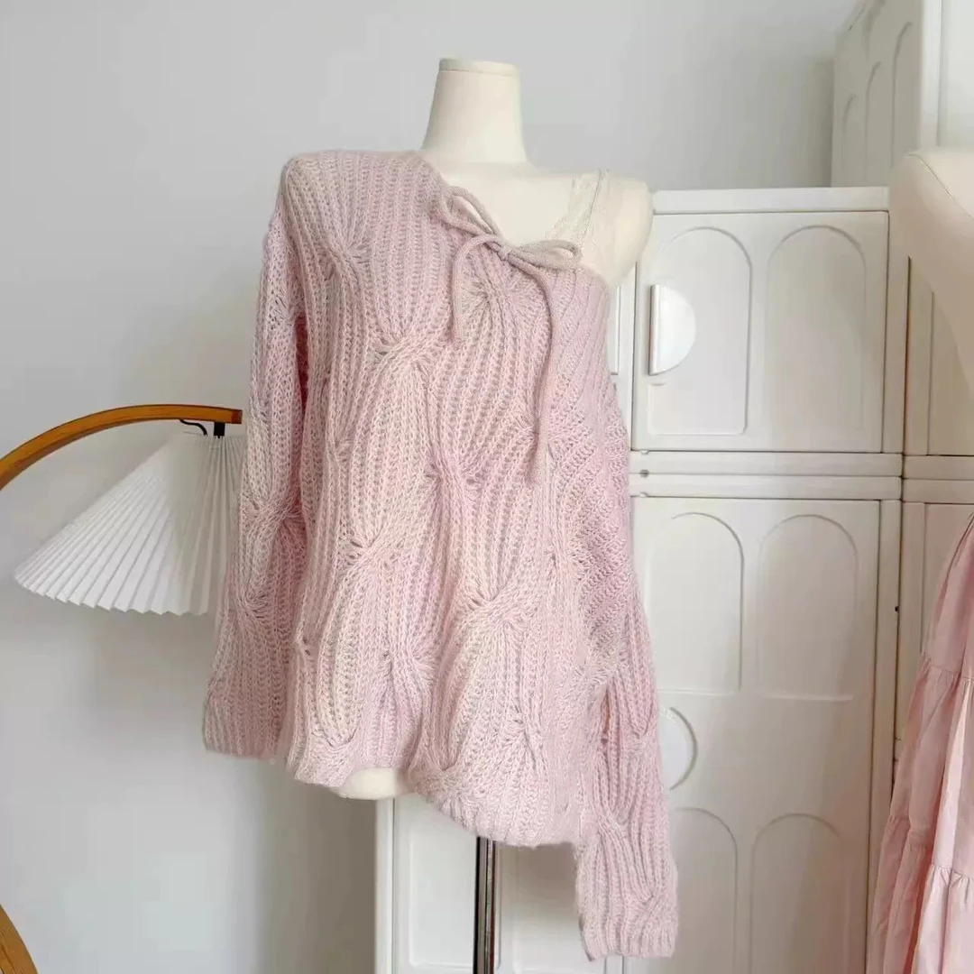 韩系慵懒风粉色毛衣女氛围感宽松套头软糯针织衫蕾丝上衣高领气质