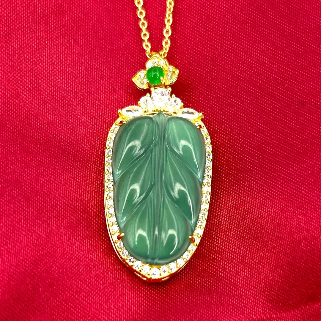 F535-翡翠蓝水大叶吊坠-赠礼盒-赠链-合金