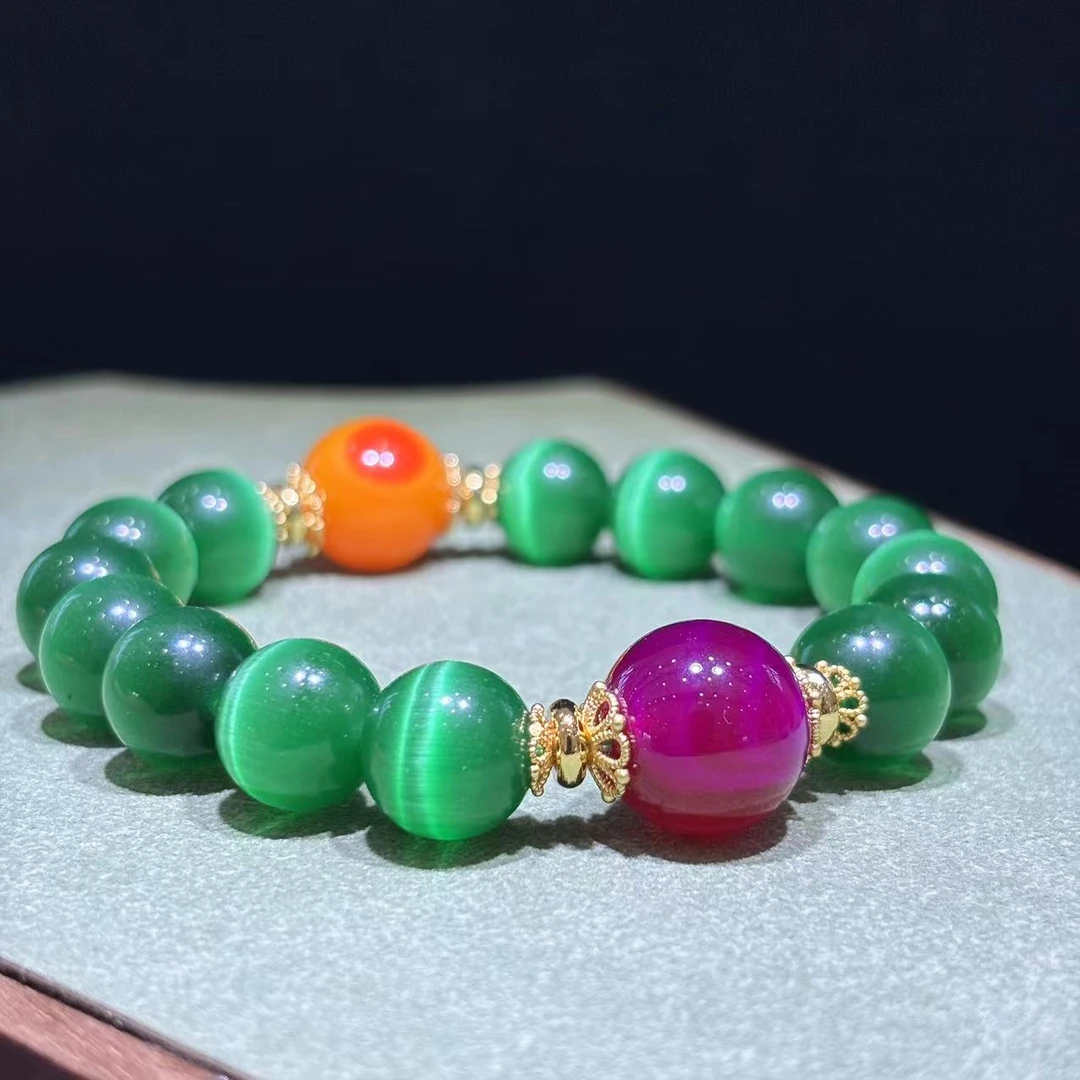 s978-国风设计款翠青冰魄猫眼玛瑙圆珠手串-赠礼盒