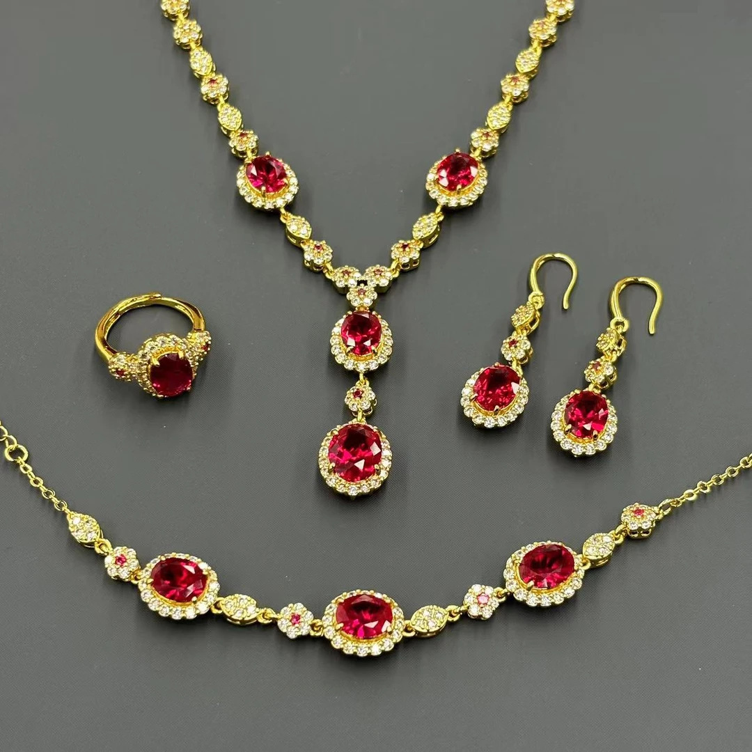 c1371-红宝石轻奢设计合成培育蛋面吊坠套装-赠礼盒-赠链