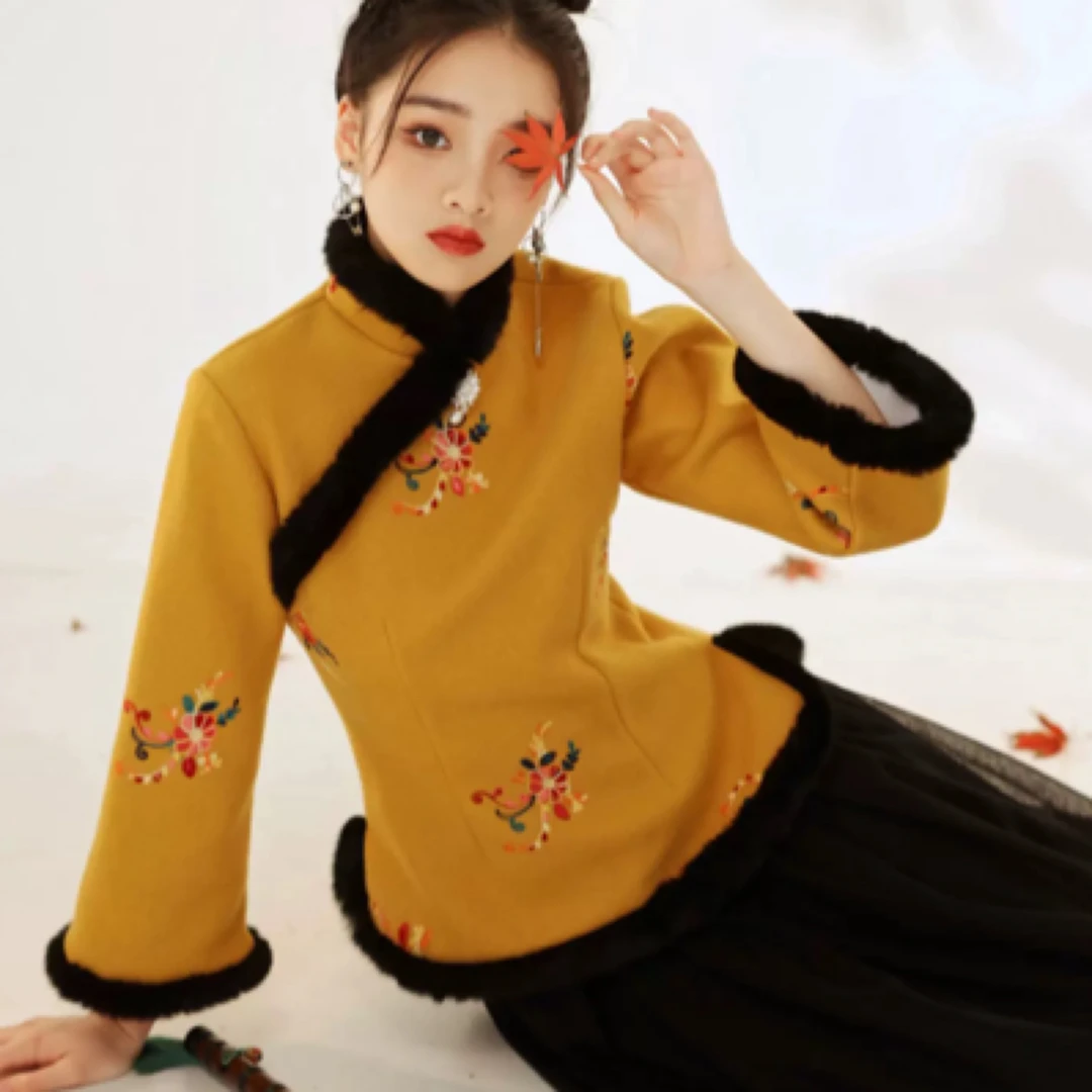女士冬季毛呢刺绣双层冬款旗袍日常中式上衣长款复古港风复古长袖