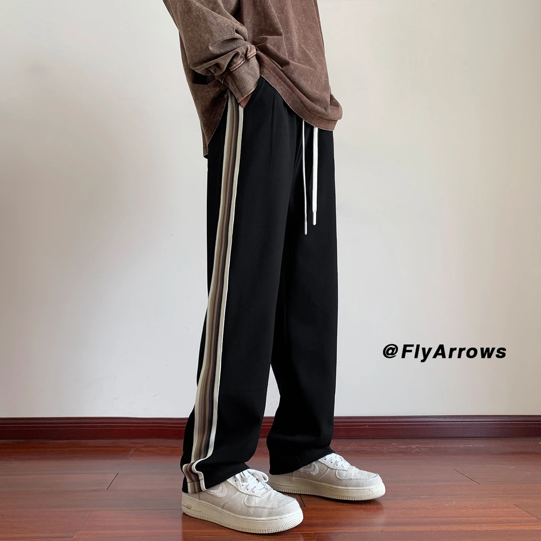 美式织带拼接卫裤男士春秋季宽松直筒长裤垂感休闲裤港风运动裤子