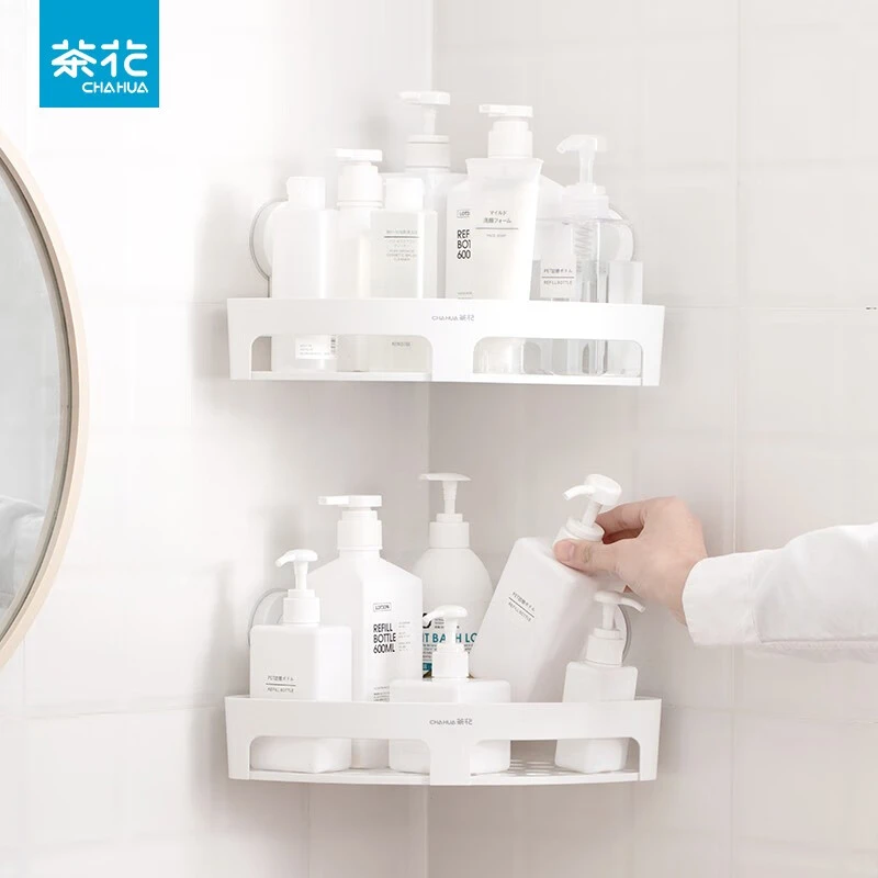 茶花卫生间墙上壁挂厕所转角浴室免打孔收纳架厨房置物架浴室沥水