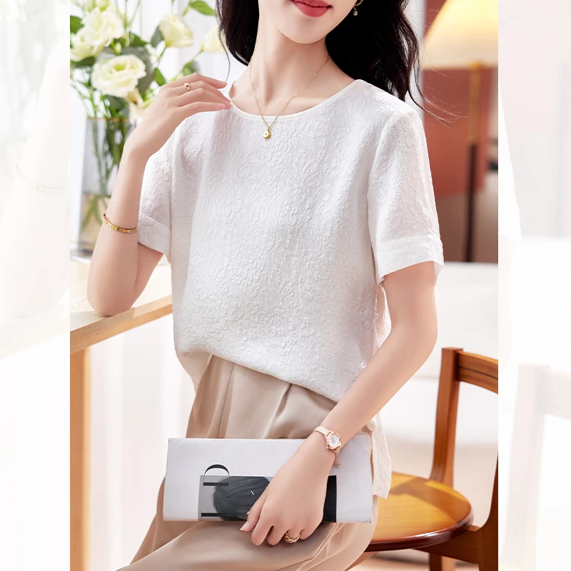 2025夏季新款显瘦气质轻薄透气纯色百搭冠乐绉真丝女士T恤AS1163
