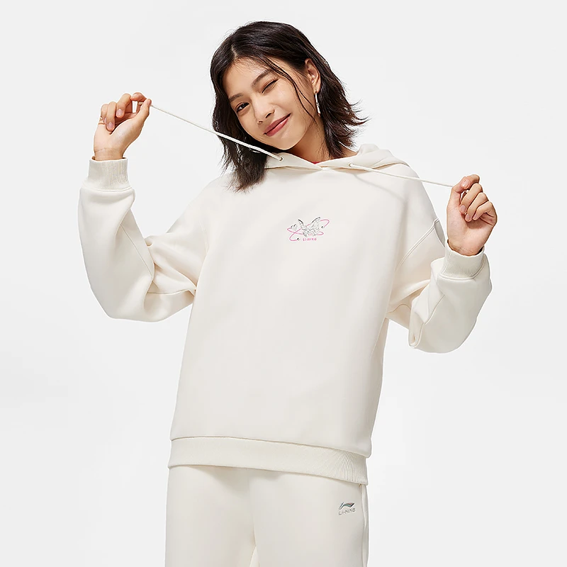 李宁卫衣女春运动时尚系列舒适透气宽松休闲套头连帽卫衣AWDU042-